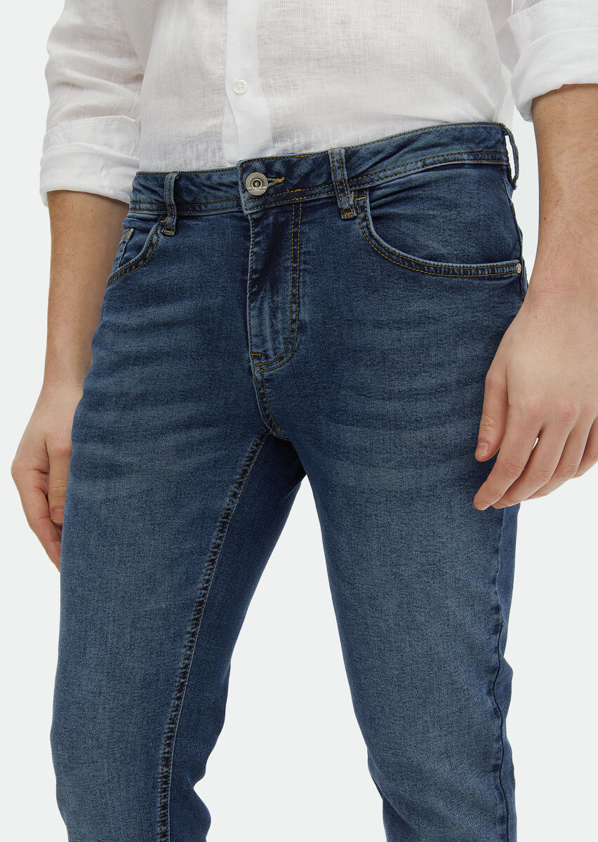 Indigo Slim Fit Denim Cotton Blended Trousers - 4