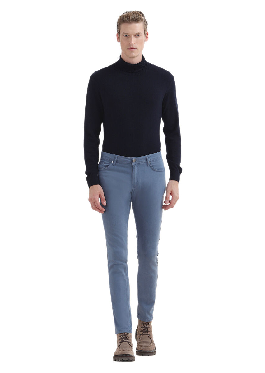 Indigo Weaving Slim Fit Casual Cotton Blended Trousers - 1