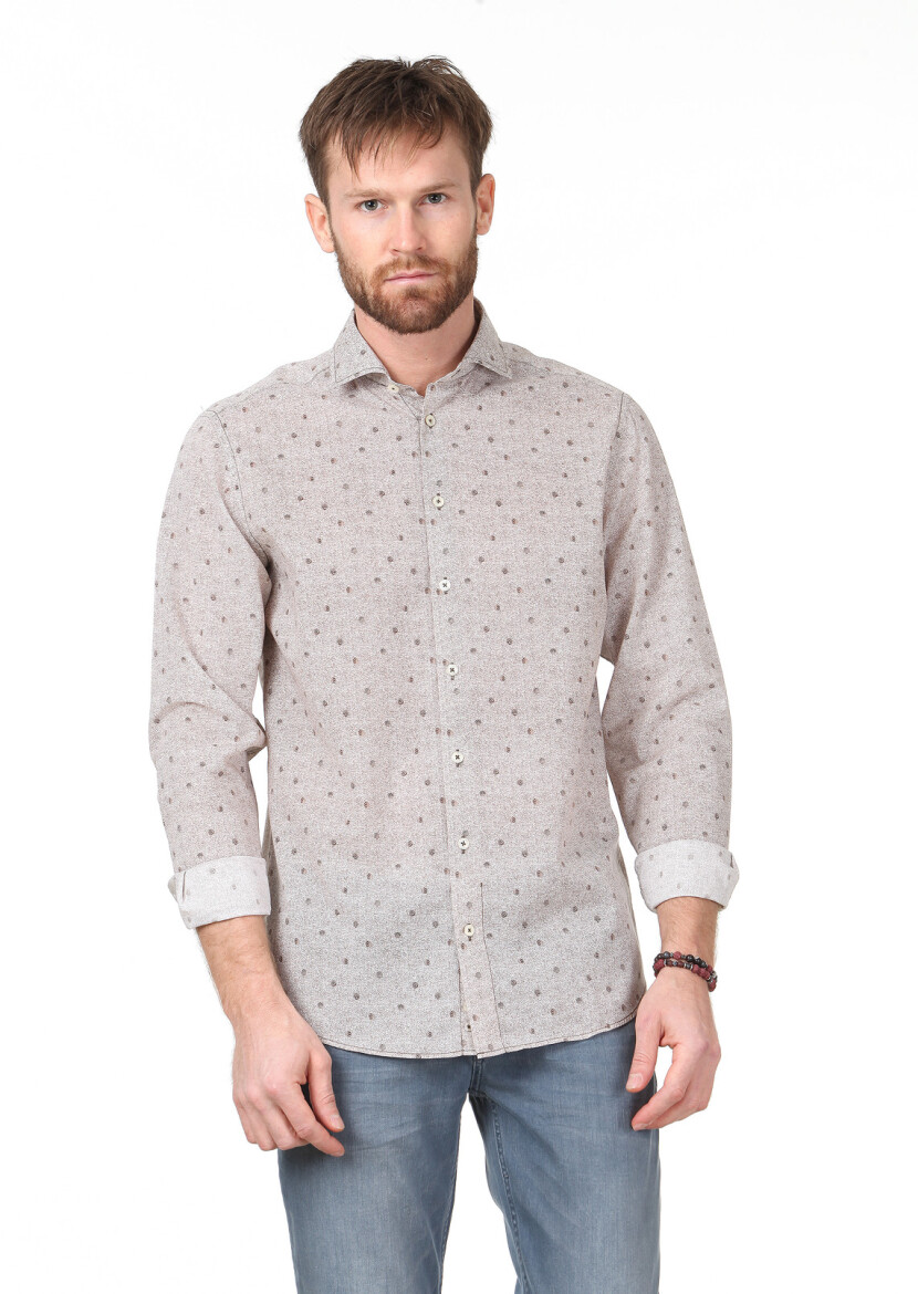 Kahverengi Baskılı Regular Fit Dokuma Casual %100 Pamuk Gömlek - 1