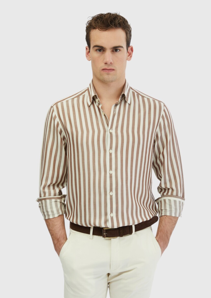 Kahverengi Çizgili Casual Fit Dokuma Casual Gömlek - 1