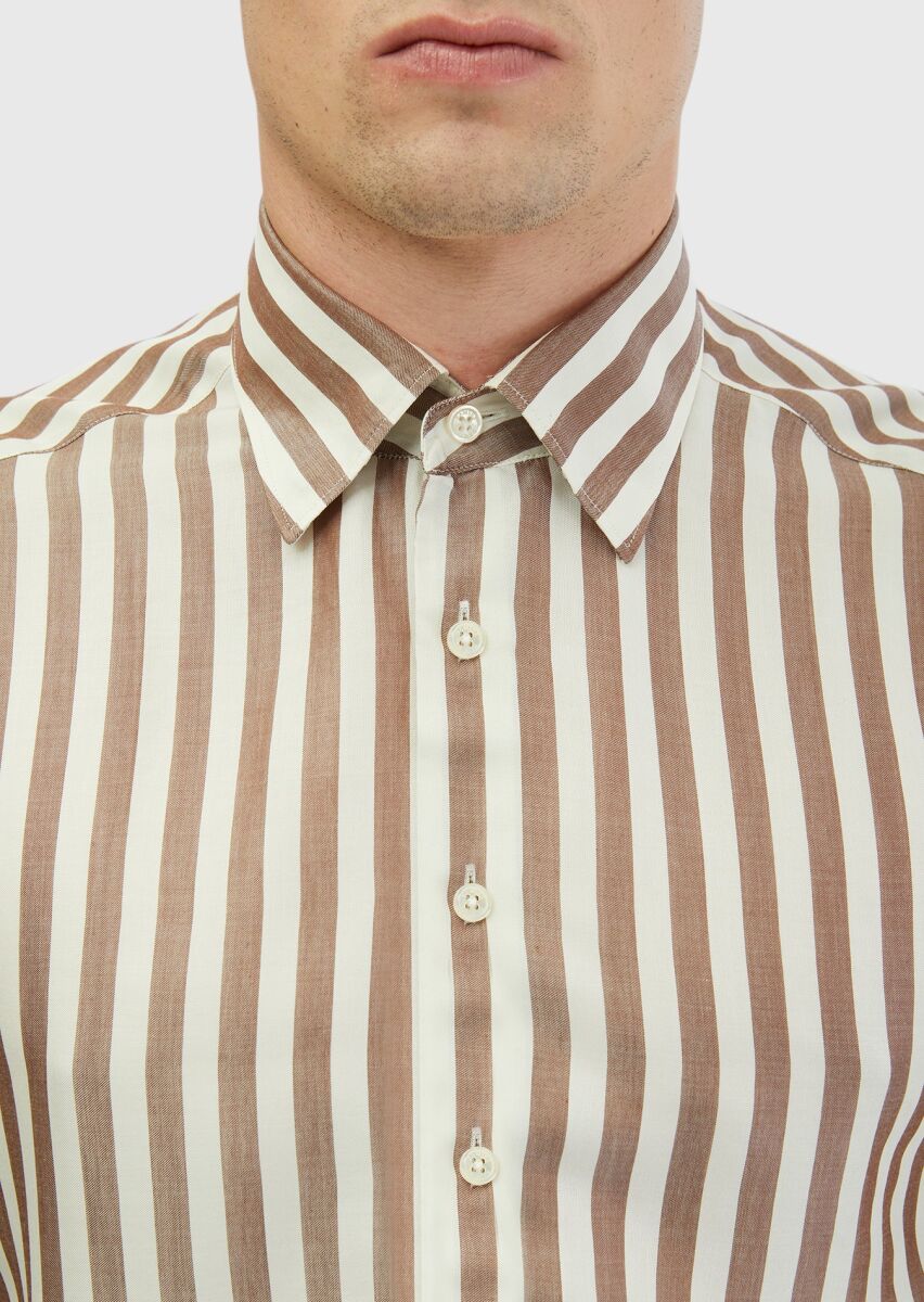 Kahverengi Çizgili Casual Fit Dokuma Casual Gömlek - 5