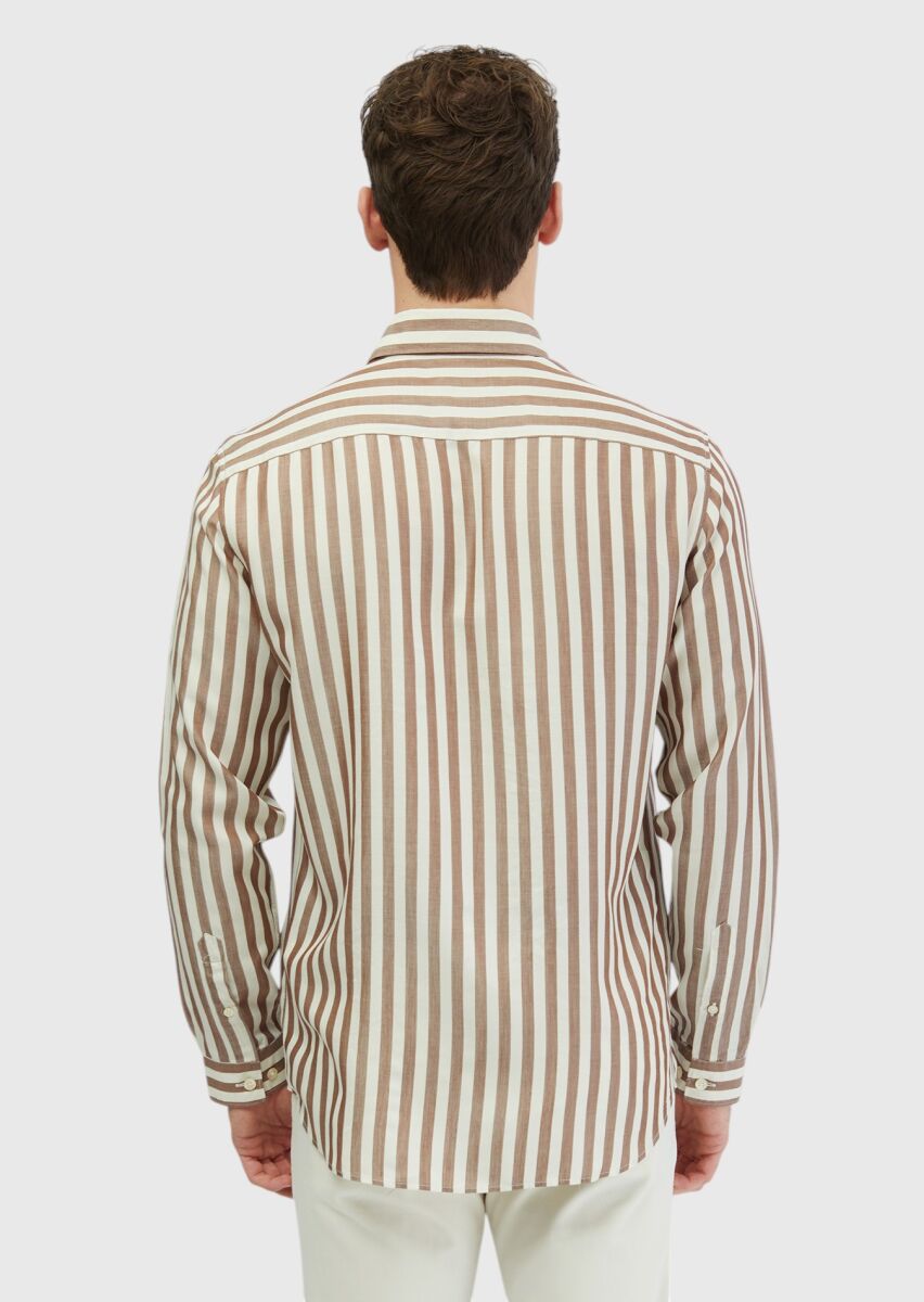 Kahverengi Çizgili Casual Fit Dokuma Casual Gömlek - 6