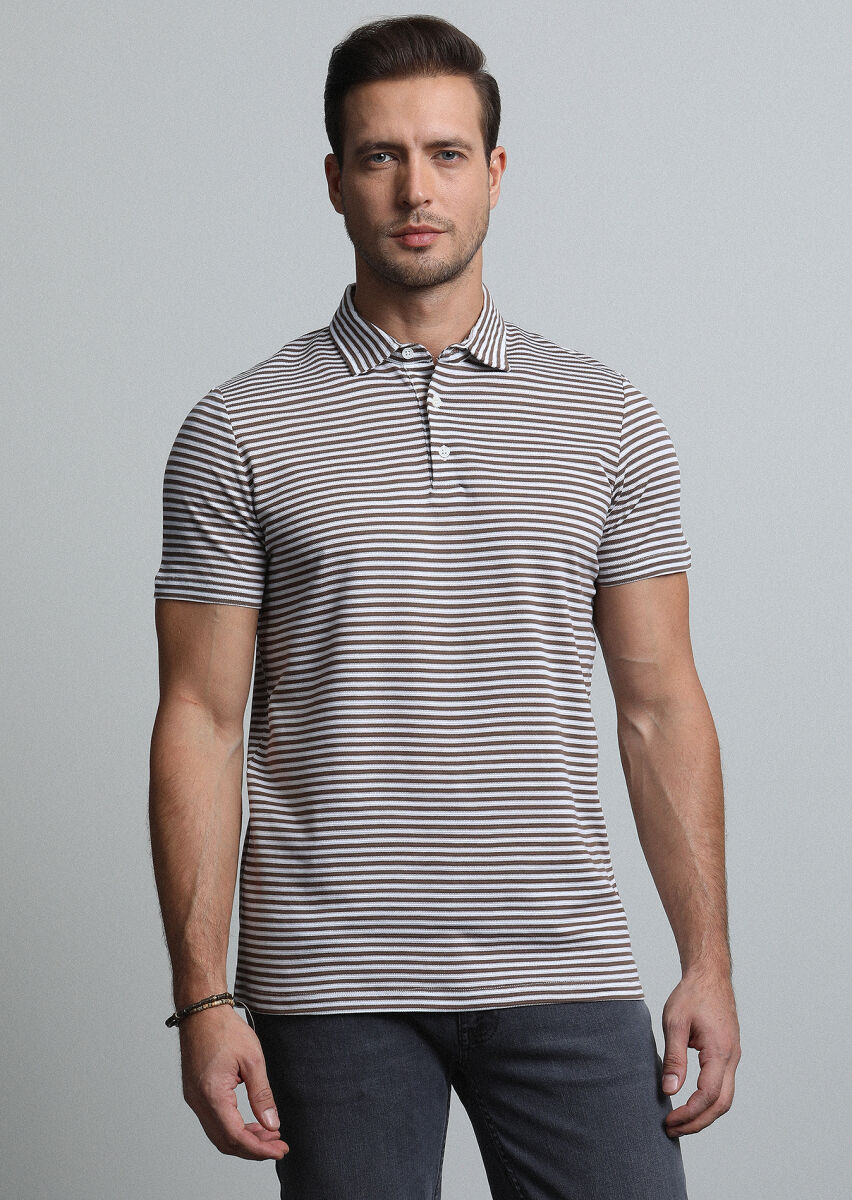Kahverengi Çizgili Polo Yaka %100 Pamuk T-Shirt - 1
