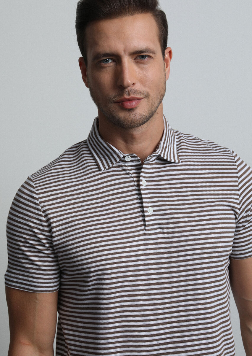 Kahverengi Çizgili Polo Yaka %100 Pamuk T-Shirt - 2