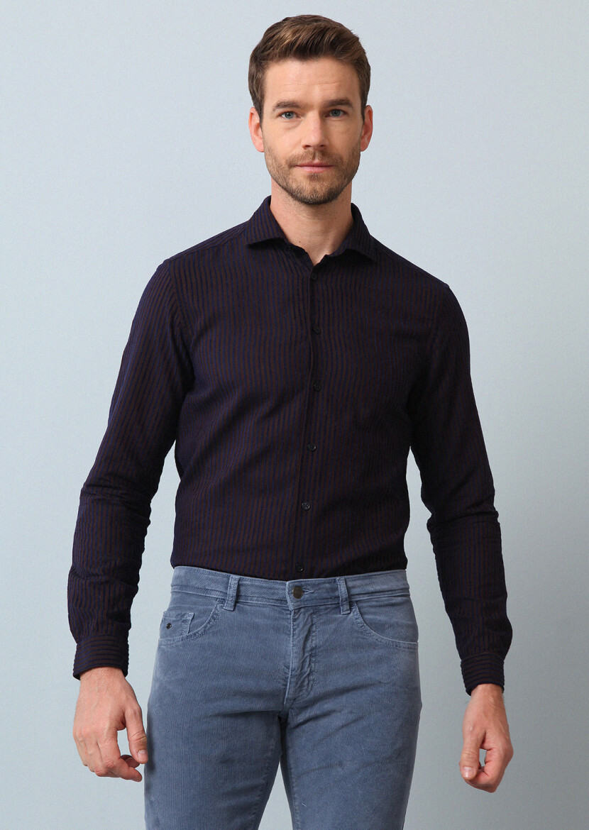 Kahverengi Çizgili Regular Fit Dokuma Casual %100 Pamuk Gömlek - 2