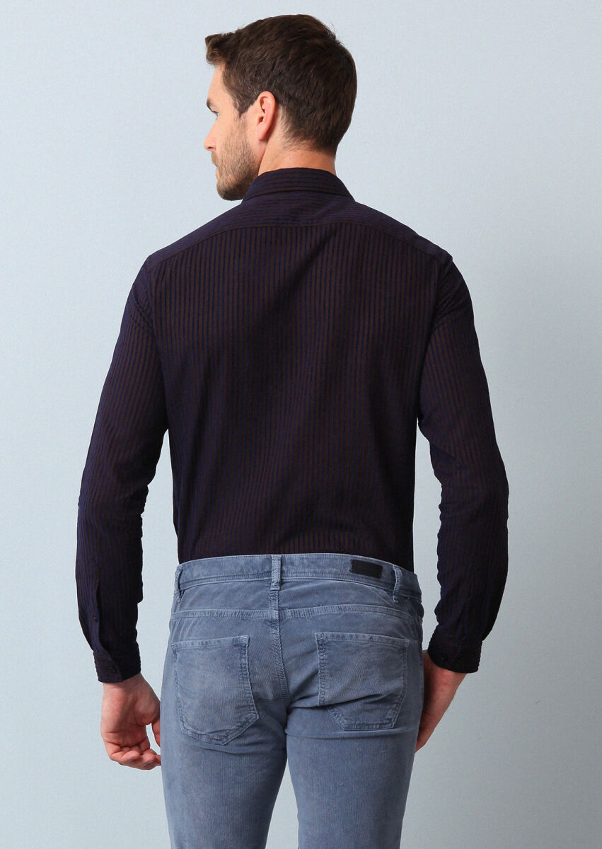 Kahverengi Çizgili Regular Fit Dokuma Casual %100 Pamuk Gömlek - 5