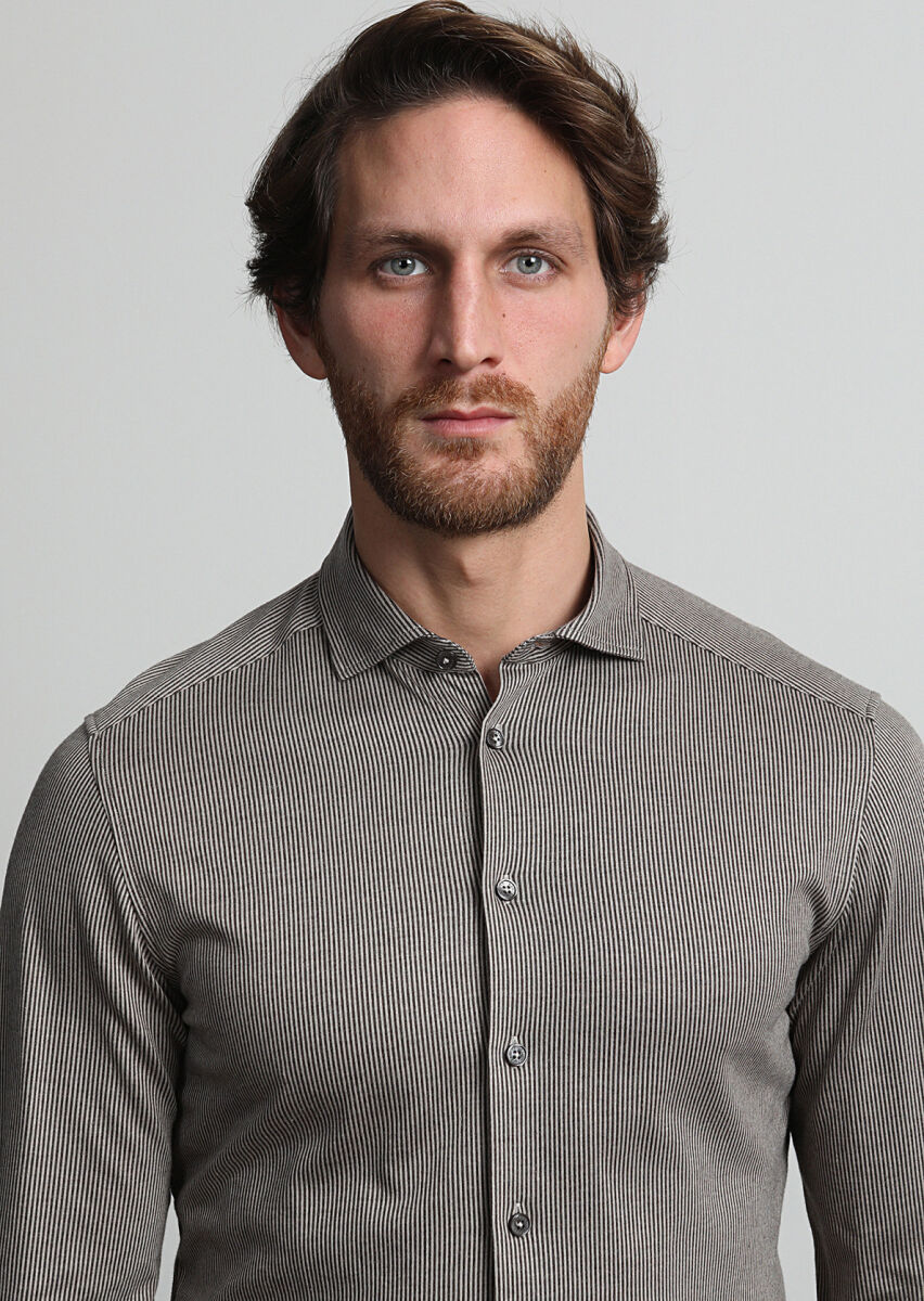 Kahverengi Çizgili Slim Fit Casual %100 Pamuk Gömlek - 1