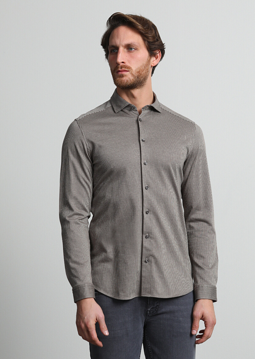 Kahverengi Çizgili Slim Fit Casual %100 Pamuk Gömlek - 2