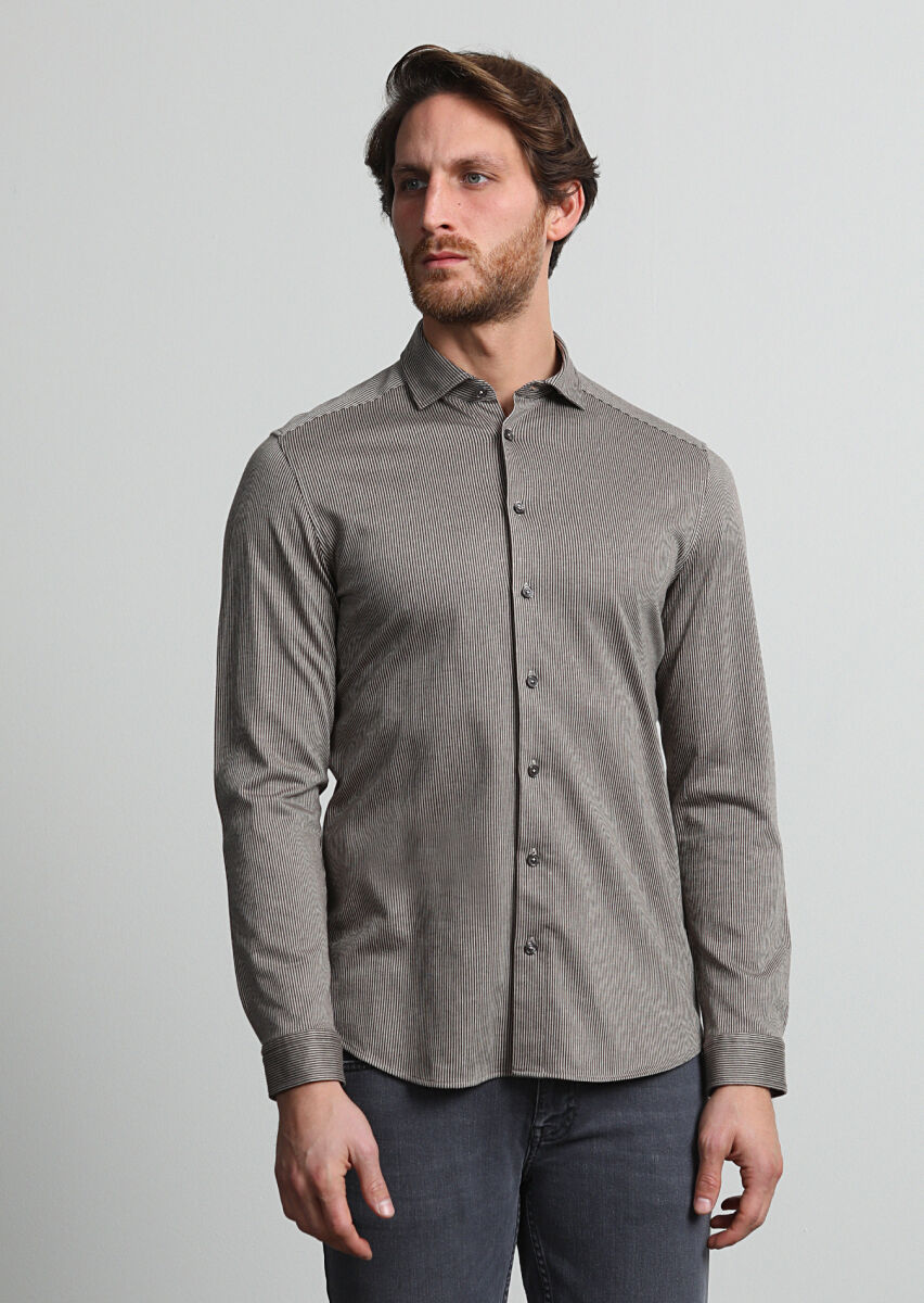 Kahverengi Çizgili Slim Fit Casual %100 Pamuk Gömlek - 2