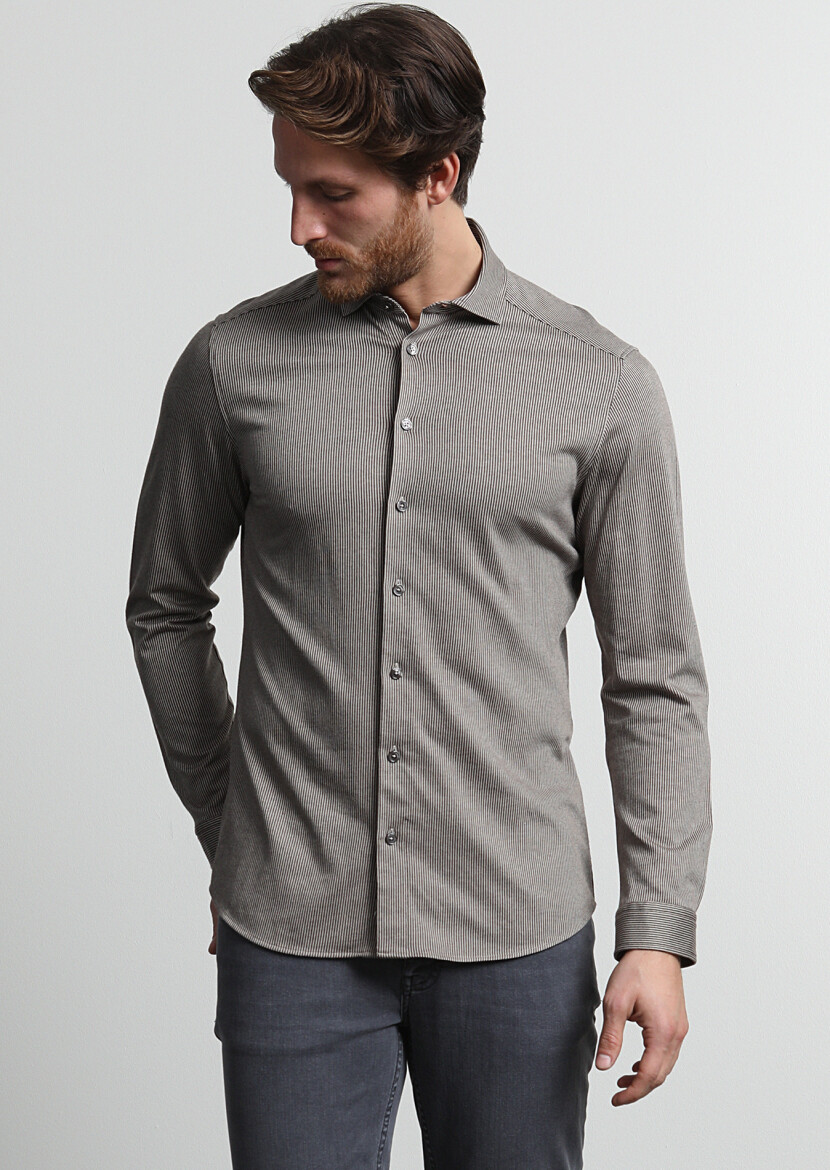 Kahverengi Çizgili Slim Fit Casual %100 Pamuk Gömlek - 3