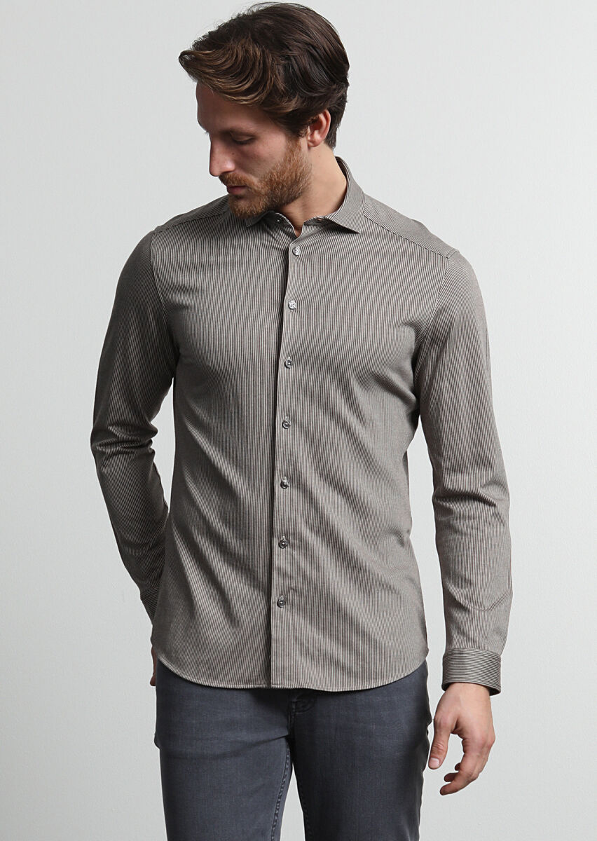 Kahverengi Çizgili Slim Fit Casual %100 Pamuk Gömlek - 3