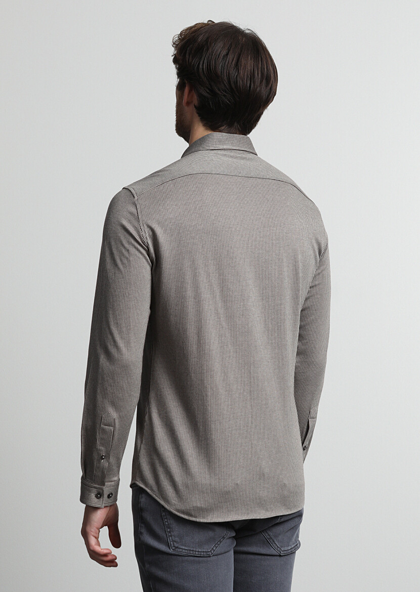 Kahverengi Çizgili Slim Fit Casual %100 Pamuk Gömlek - 4