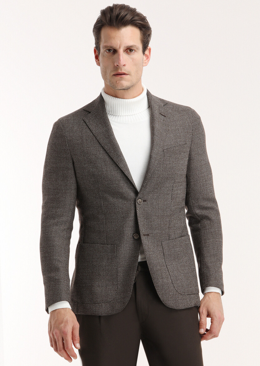 Kahverengi Desenli Comfort Fit %100 Yün Ceket - 3