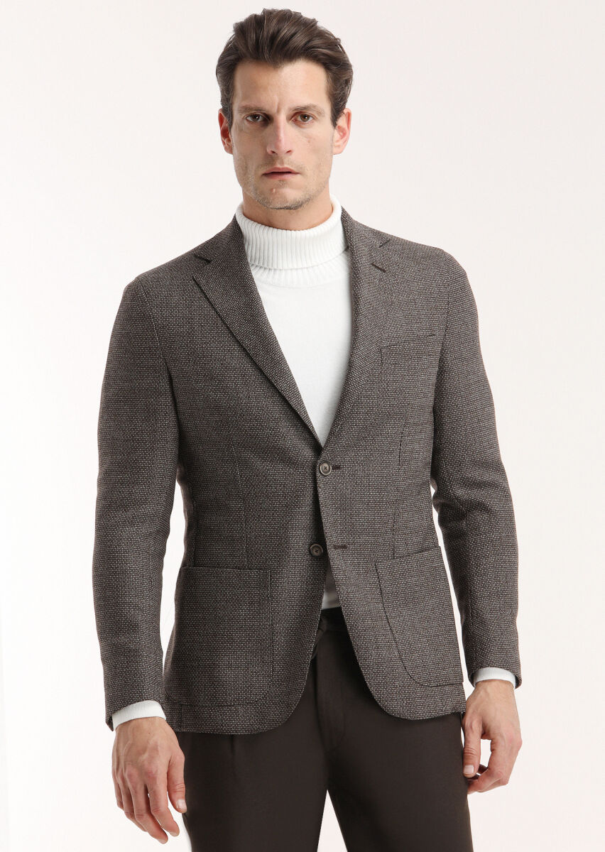 Kahverengi Desenli Comfort Fit %100 Yün Ceket - 3