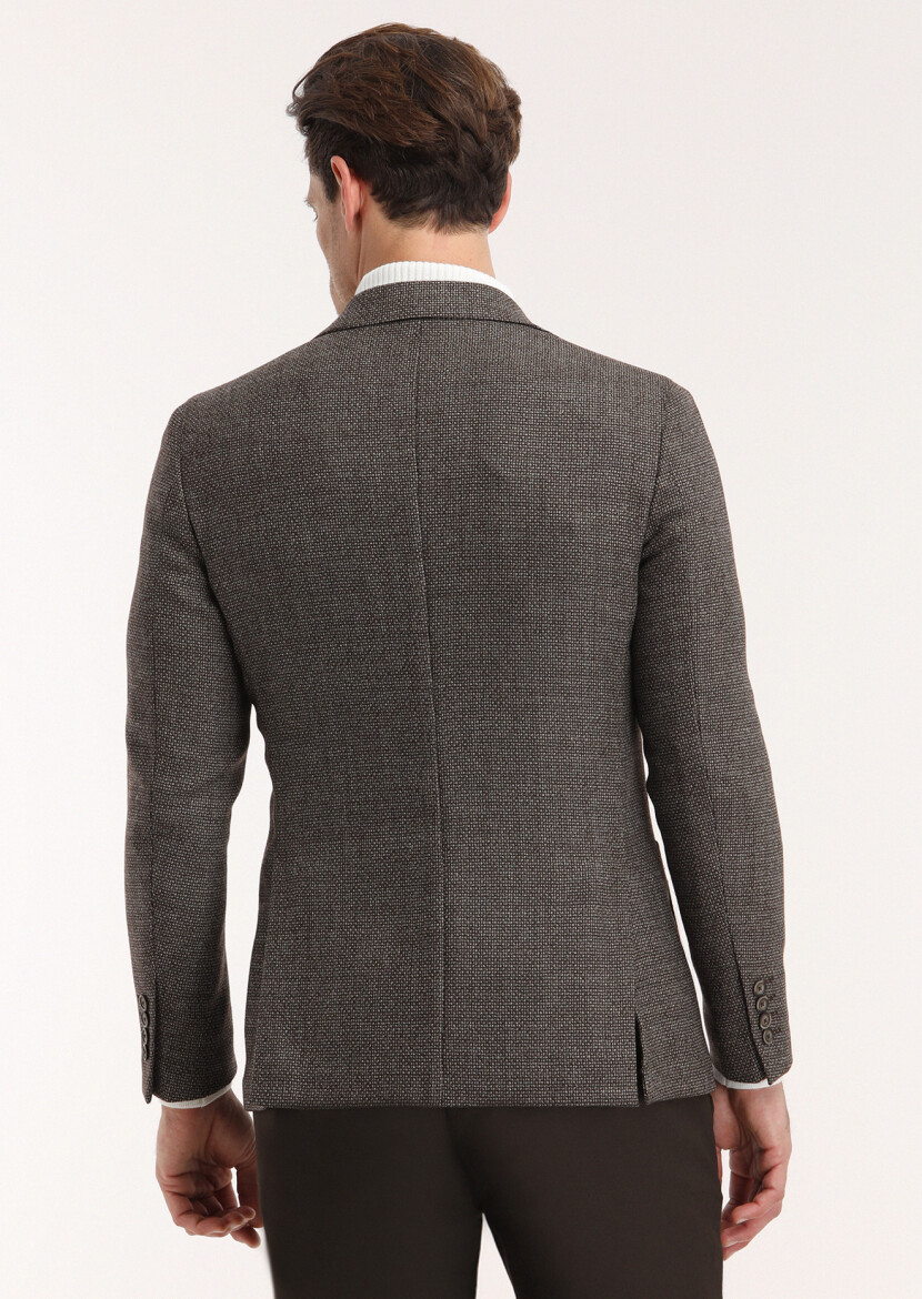 Kahverengi Desenli Comfort Fit %100 Yün Ceket - 4