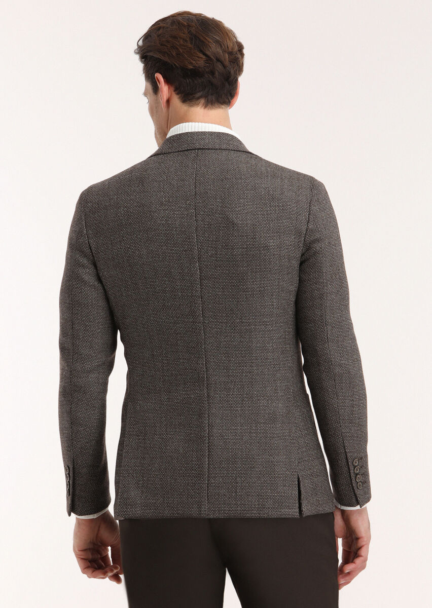 Kahverengi Desenli Comfort Fit %100 Yün Ceket - 4