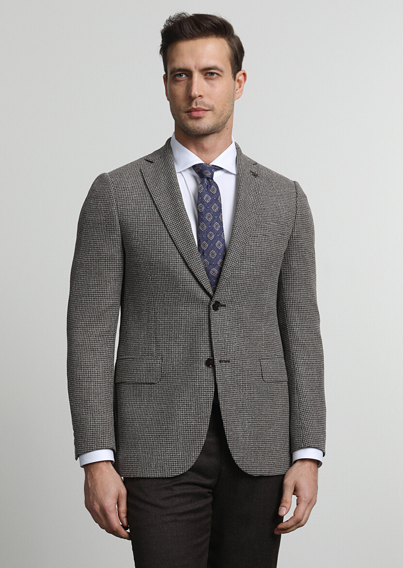 Kahverengi Desenli Regular Fit İpek Karışımlı Ceket - 1