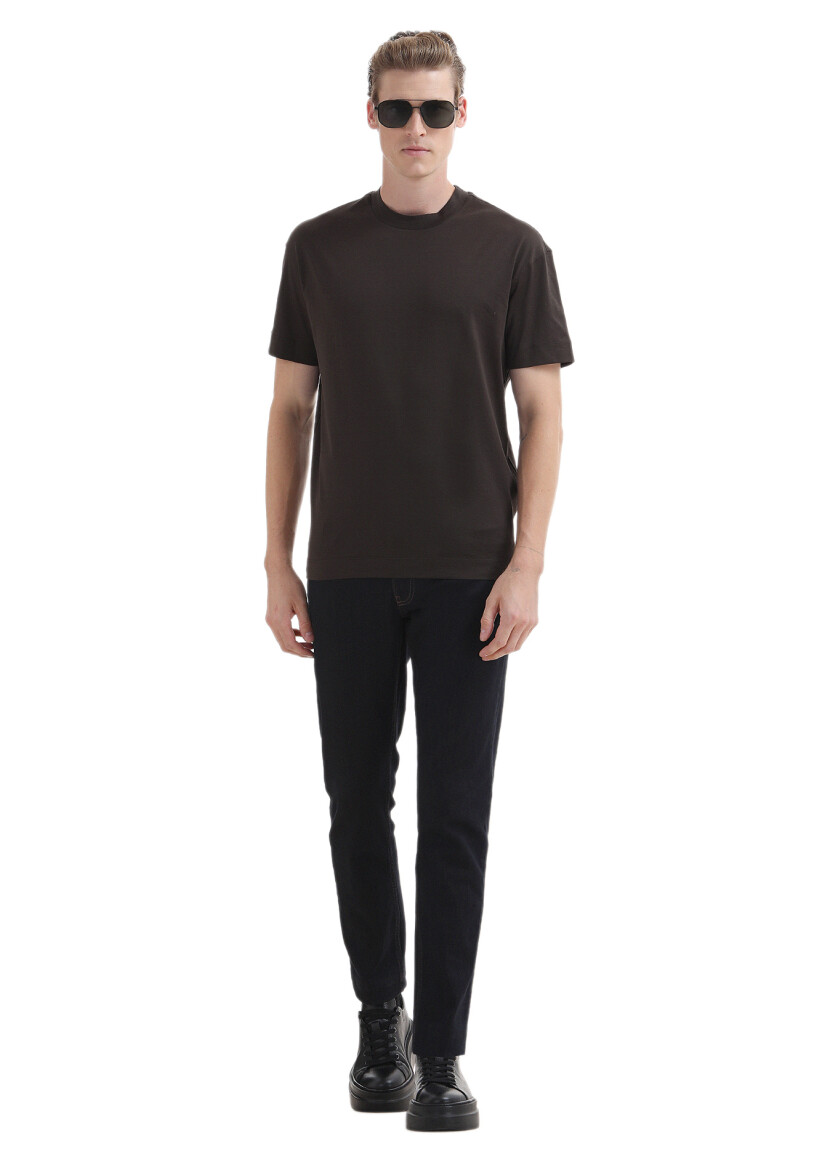 Kahverengi Düz Bisiklet Yaka %100 Pamuk T-Shirt 