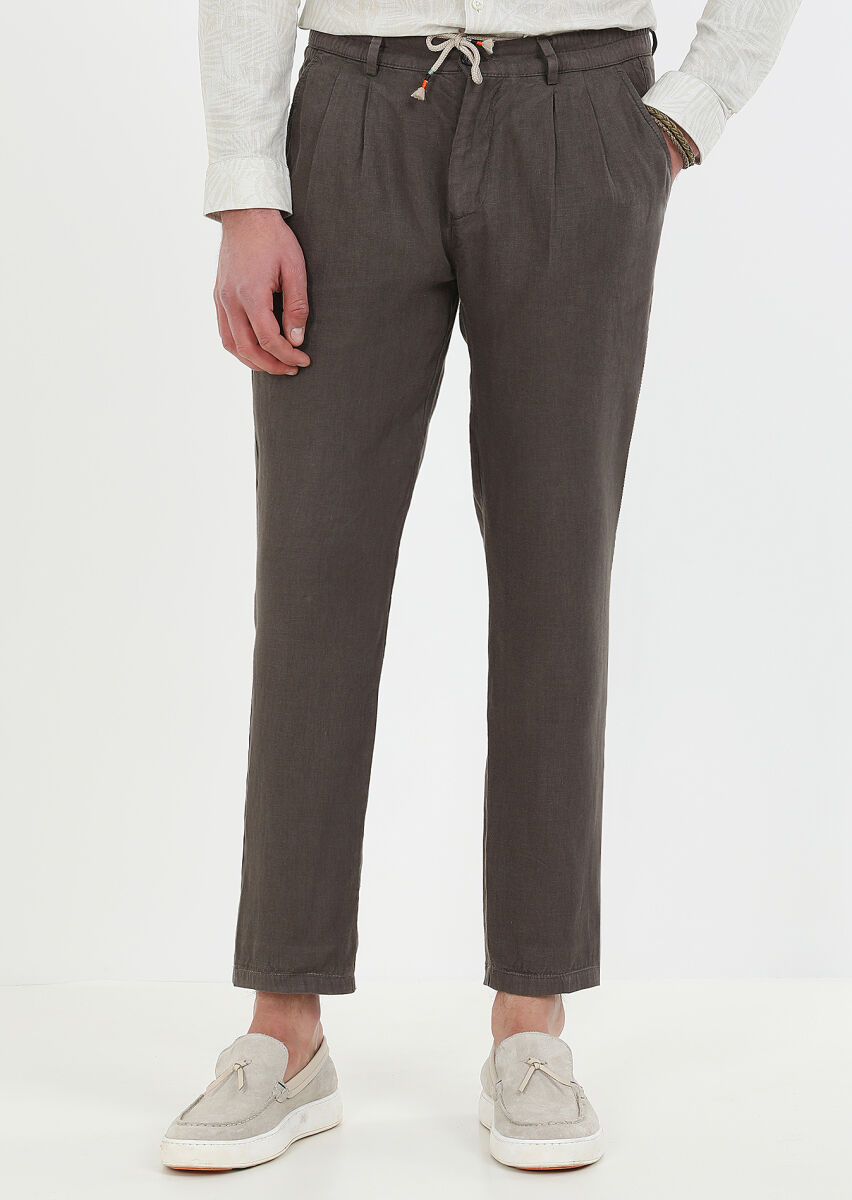 Kahverengi Düz Dokuma Casual %100 Keten Pantolon - 1