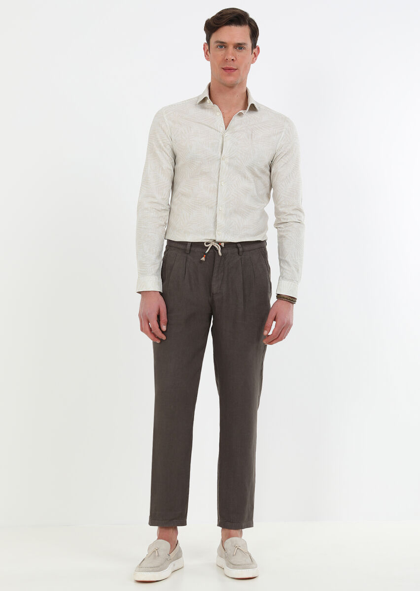 Kahverengi Düz Dokuma Casual %100 Keten Pantolon - 2