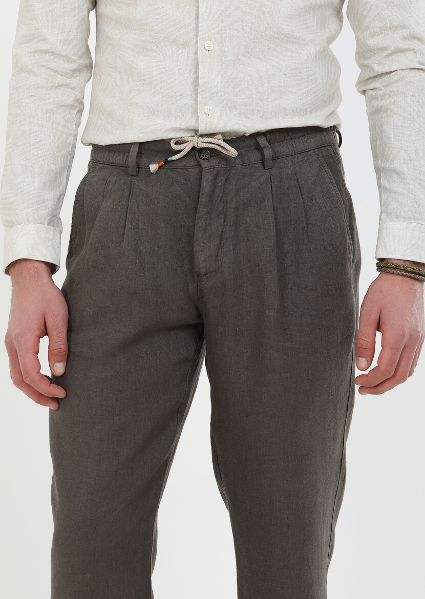 Kahverengi Düz Dokuma Casual %100 Keten Pantolon - 3