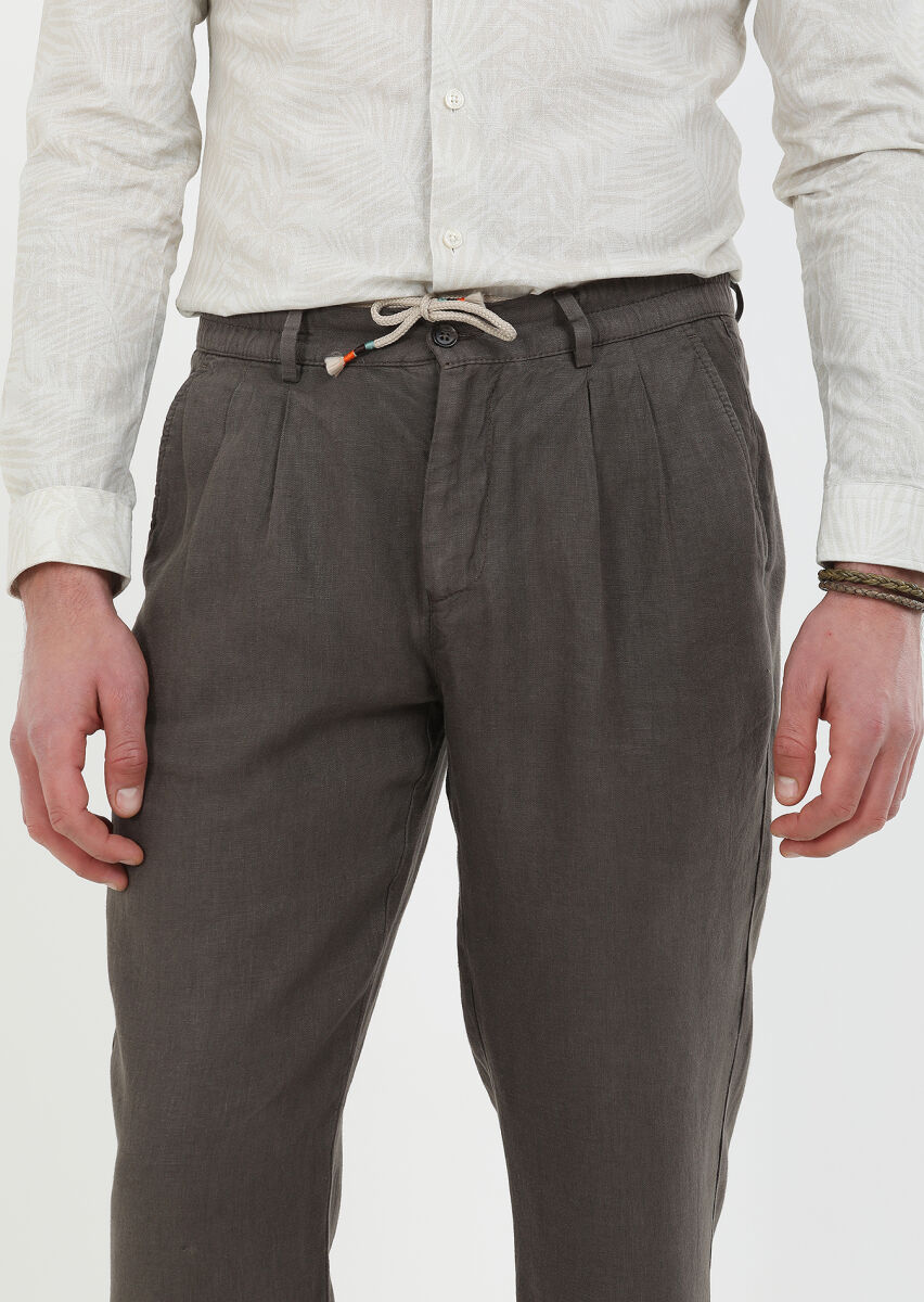 Kahverengi Düz Dokuma Casual %100 Keten Pantolon - 3