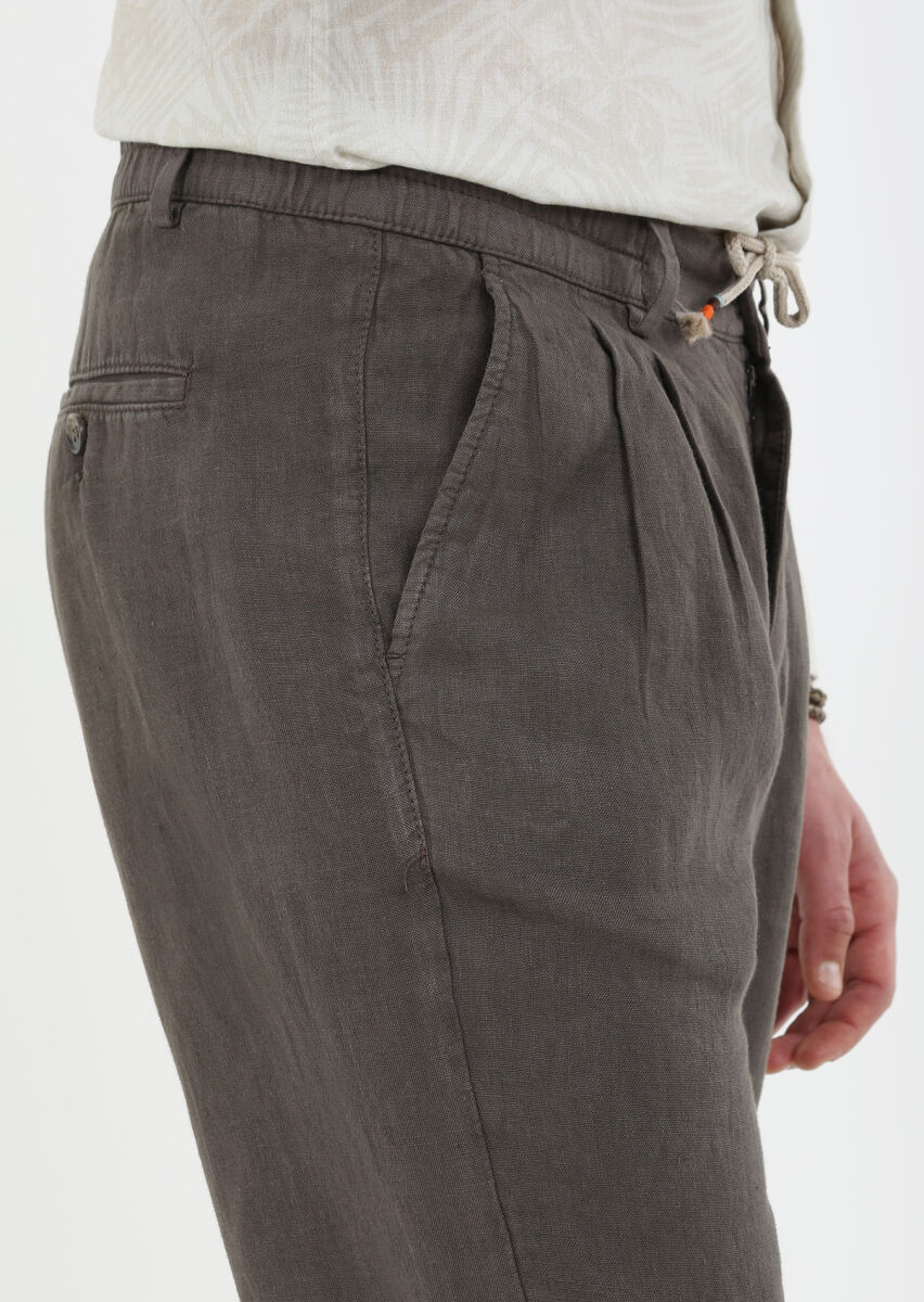 Kahverengi Düz Dokuma Casual %100 Keten Pantolon - 4
