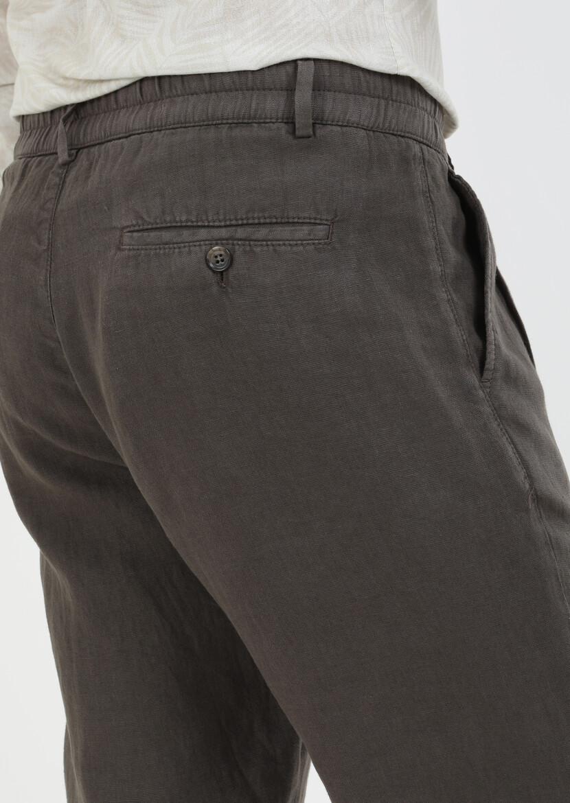 Kahverengi Düz Dokuma Casual %100 Keten Pantolon - 5