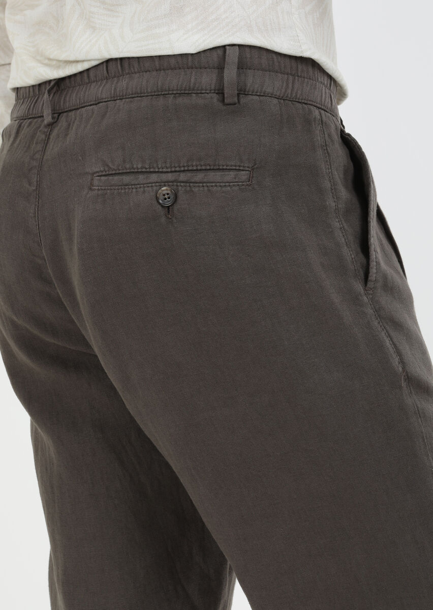 Kahverengi Düz Dokuma Casual %100 Keten Pantolon - 5