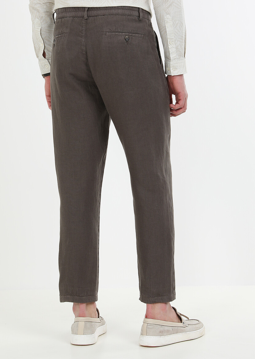Kahverengi Düz Dokuma Casual %100 Keten Pantolon - 6