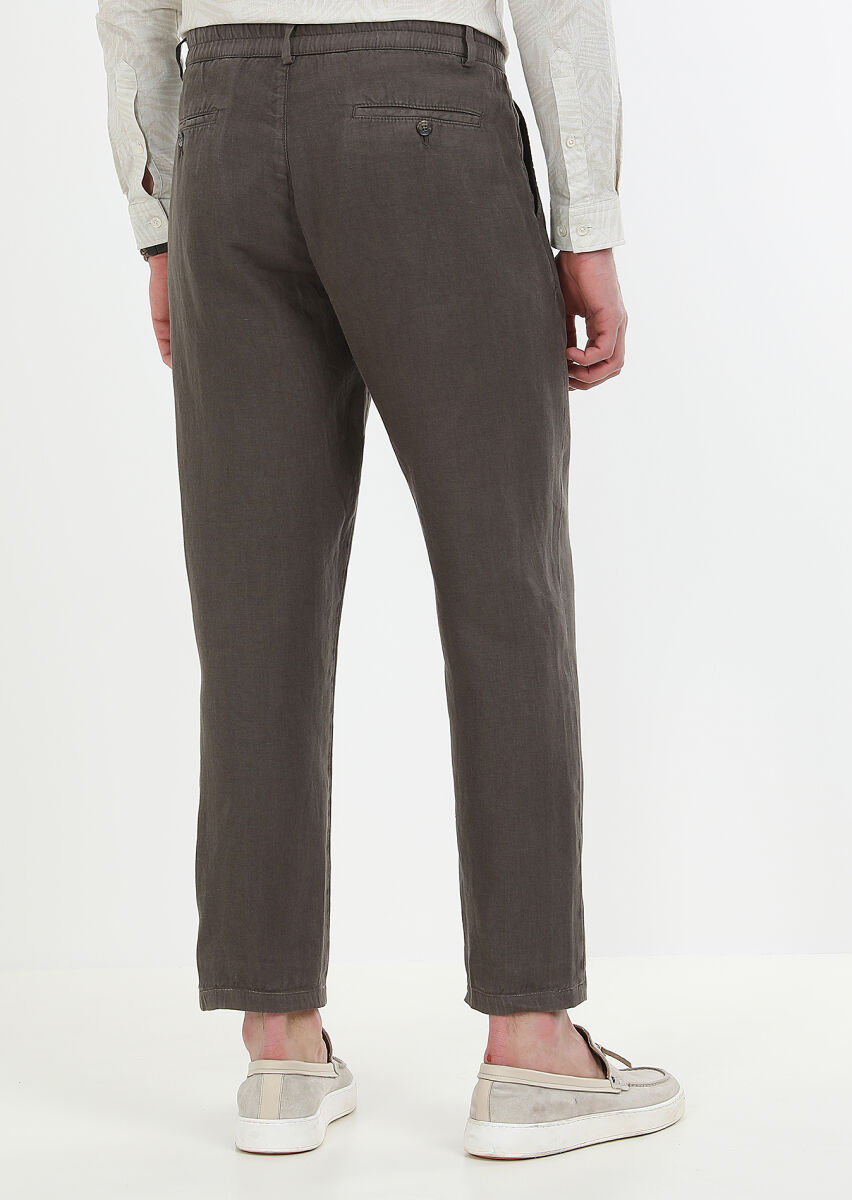 Kahverengi Düz Dokuma Casual %100 Keten Pantolon - 6