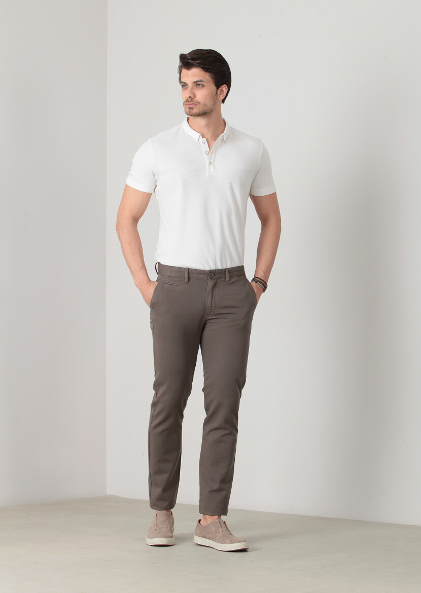 Kahverengi Düz Dokuma Regular Fit Casual Pamuk Karışımlı Pantolon - 2