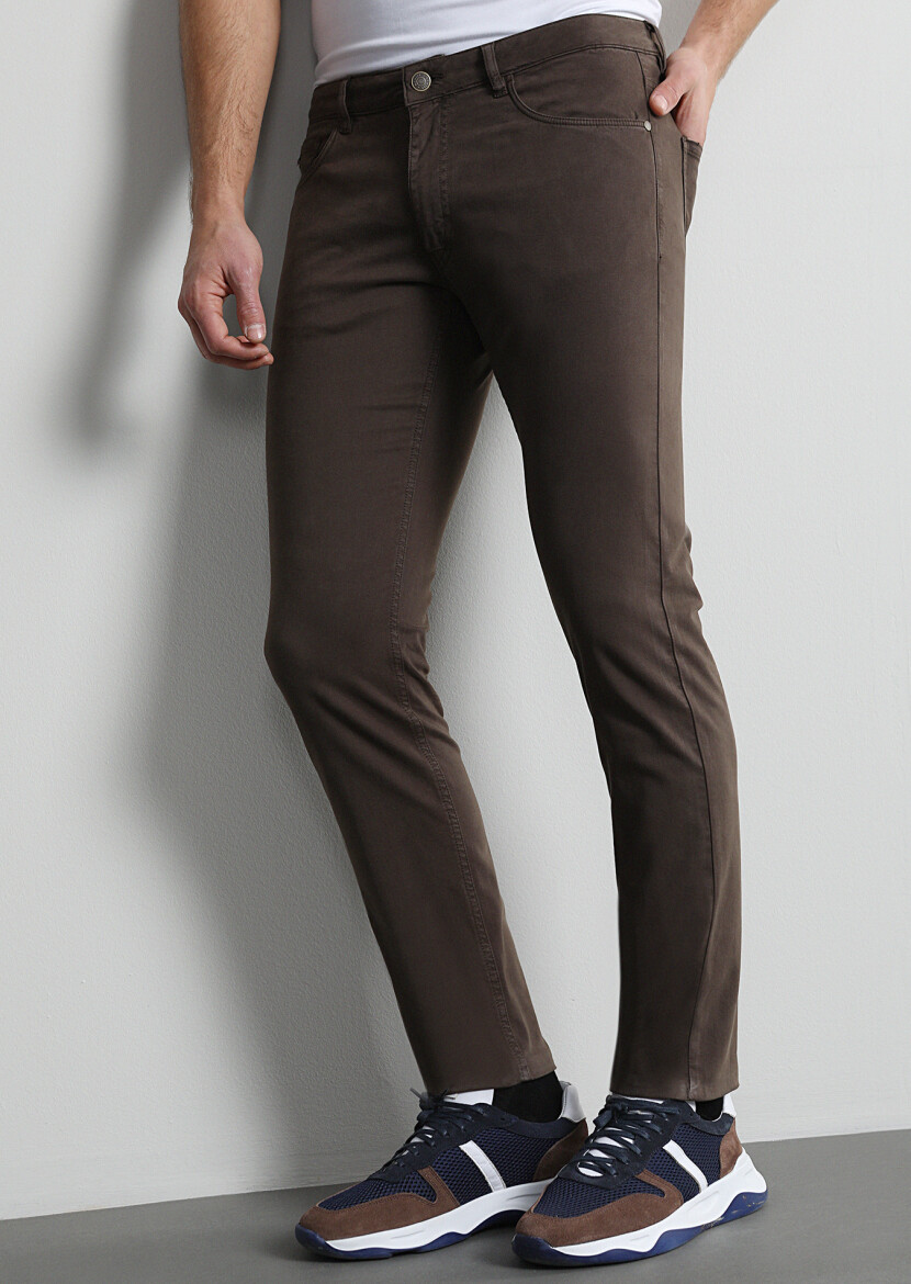 Kahverengi Düz Dokuma Slim Fit Casual Pamuk Karışımlı Pantolon - 2