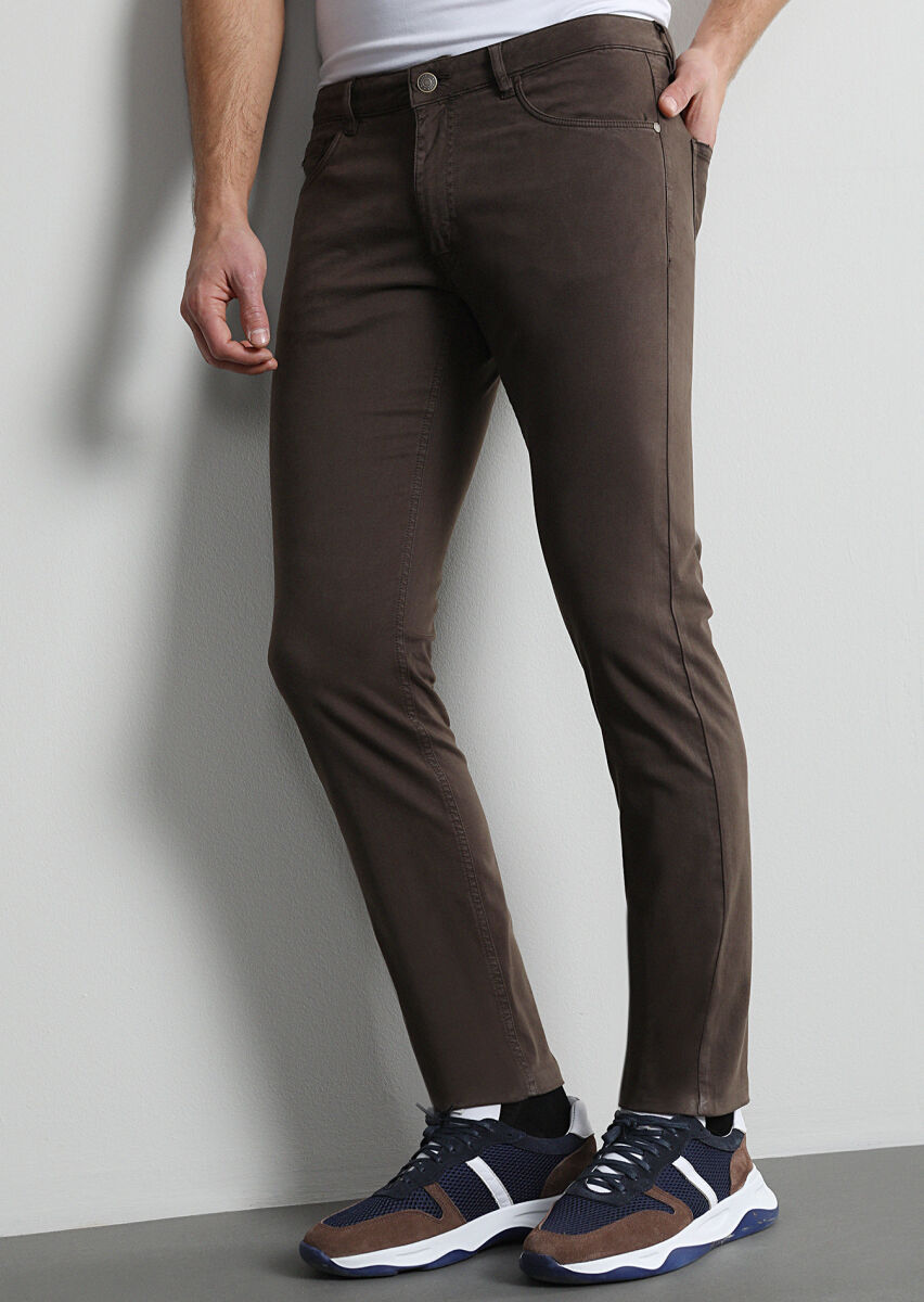 Kahverengi Düz Dokuma Slim Fit Casual Pamuk Karışımlı Pantolon - 2