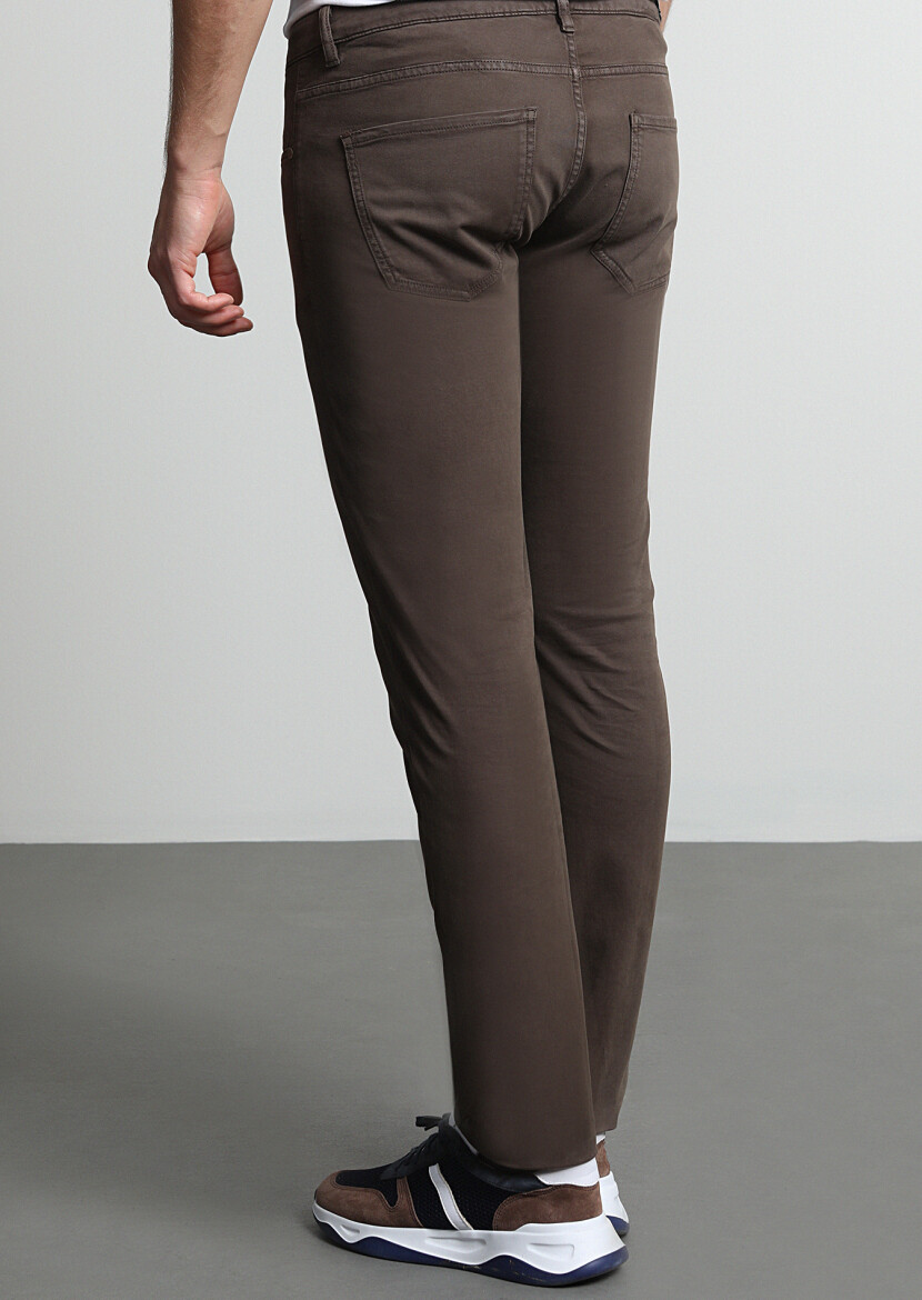 Kahverengi Düz Dokuma Slim Fit Casual Pamuk Karışımlı Pantolon - 4