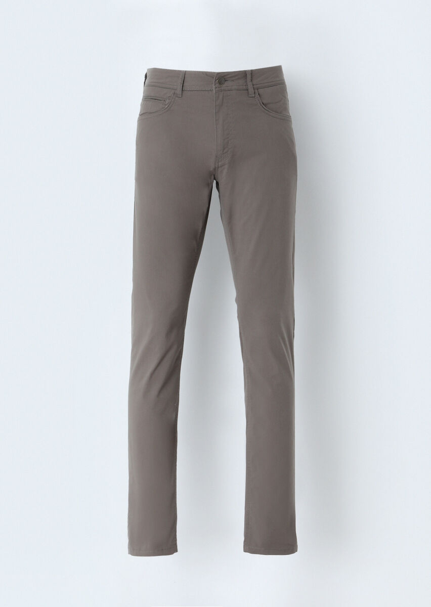 Kahverengi Düz Dokuma Slim Fit Casual Pamuk Karışımlı Pantolon - 1