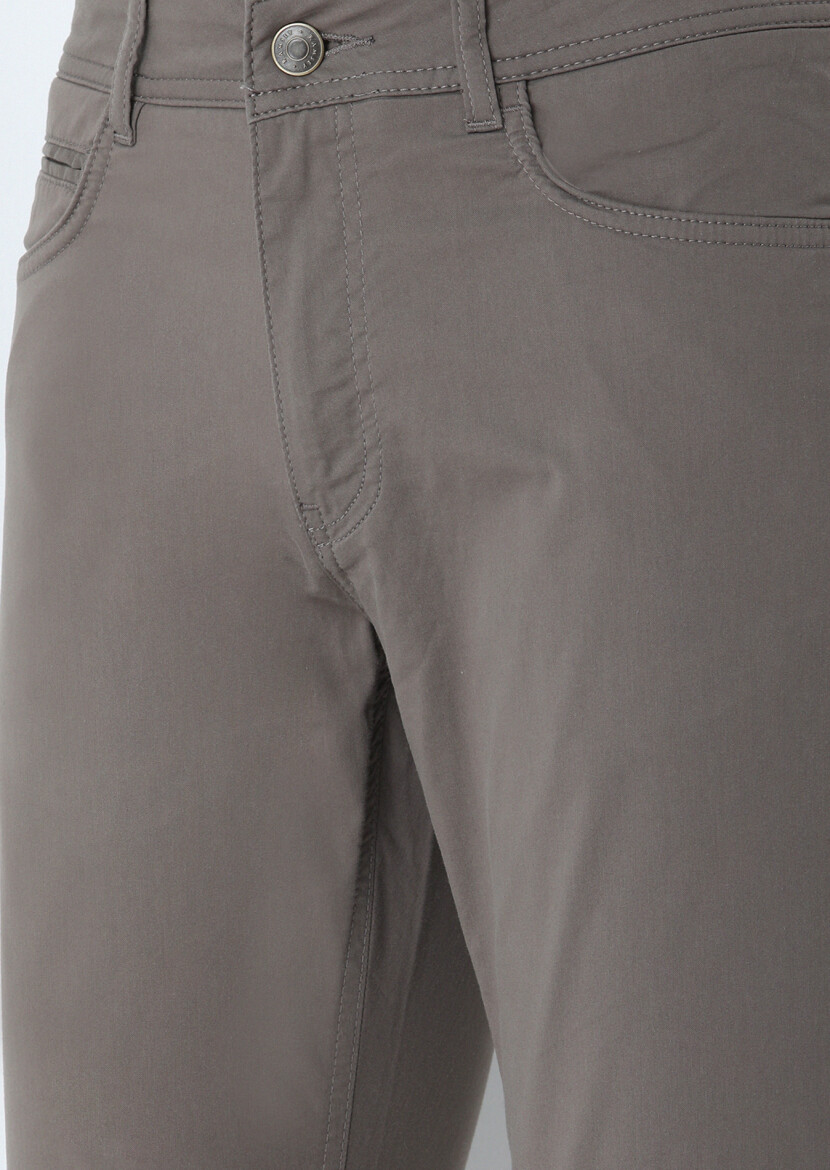 Kahverengi Düz Dokuma Slim Fit Casual Pamuk Karışımlı Pantolon - 2