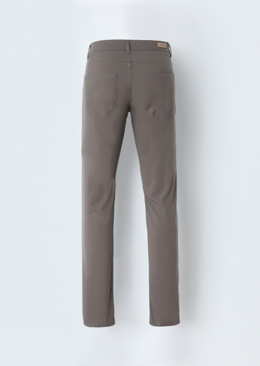 Kahverengi Düz Dokuma Slim Fit Casual Pamuk Karışımlı Pantolon - 4