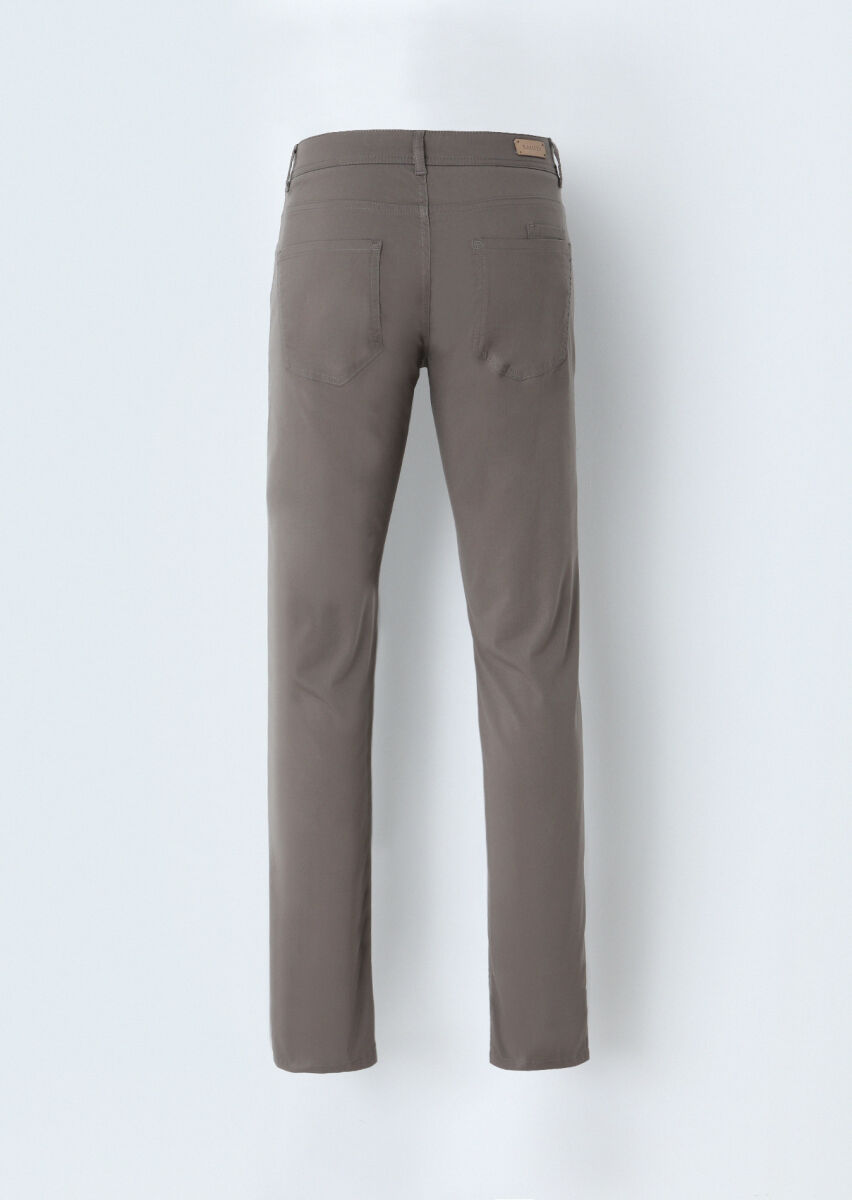 Kahverengi Düz Dokuma Slim Fit Casual Pamuk Karışımlı Pantolon - 4