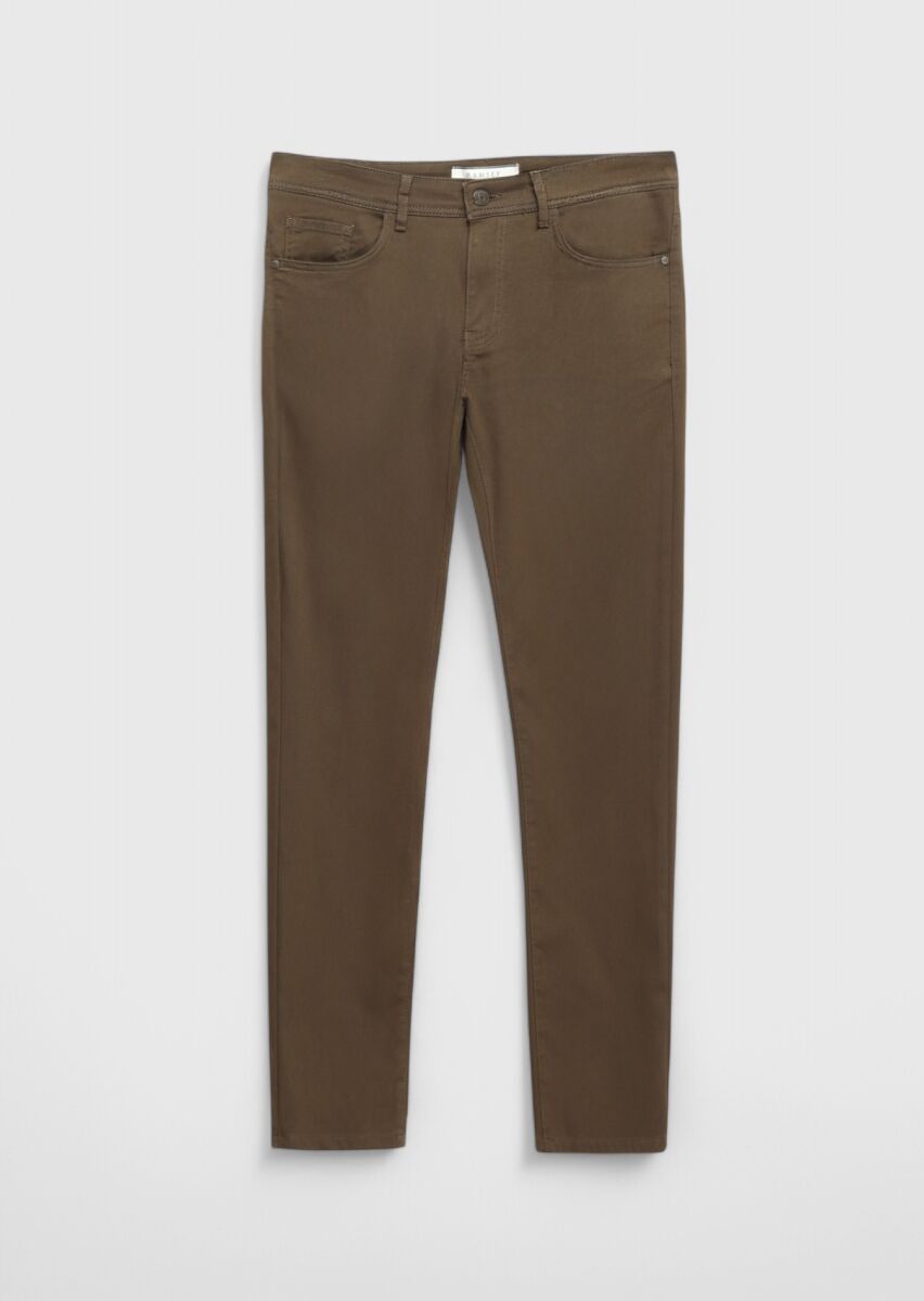 Kahverengi Düz Dokuma Slim Fit Casual Pamuk Karışımlı Pantolon - 6