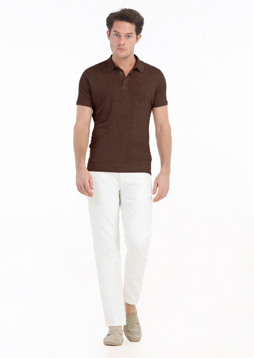 Kahverengi Düz Polo Yaka %100 Keten T-Shirt 