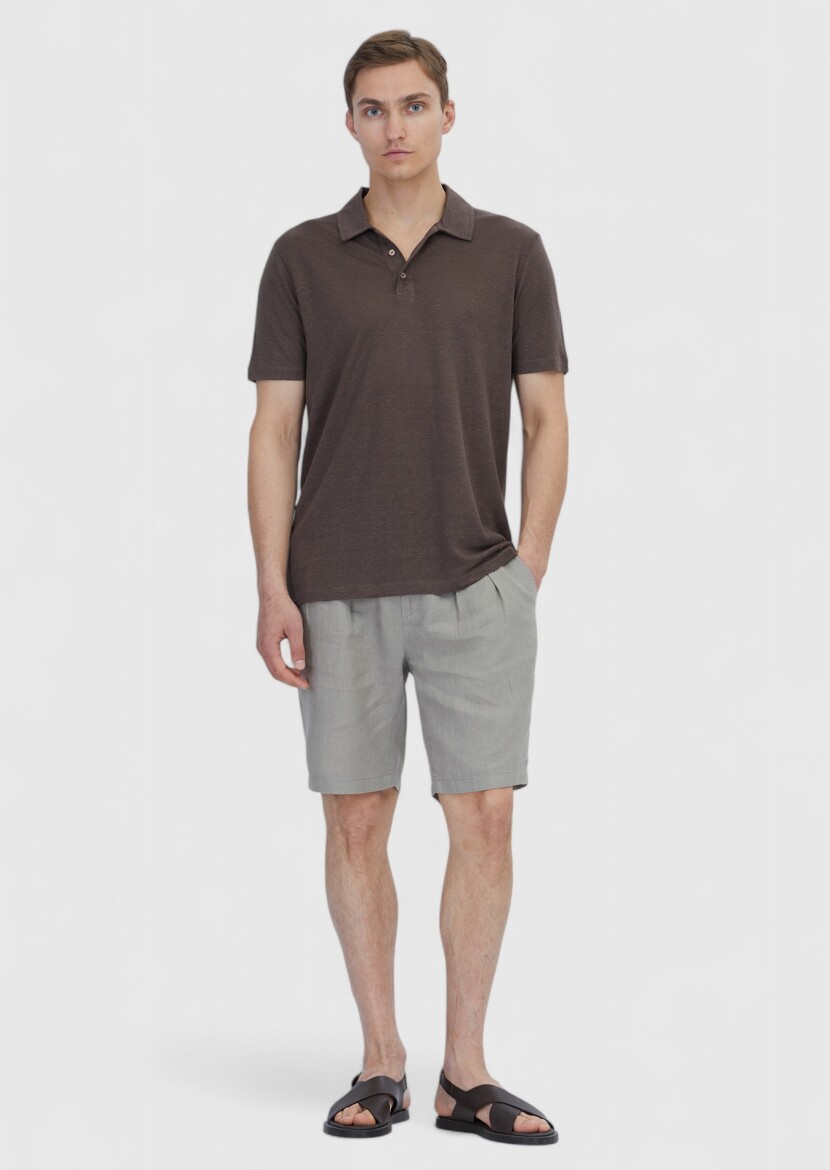 Kahverengi Düz Polo Yaka %100 Keten T-Shirt - RAMSEY