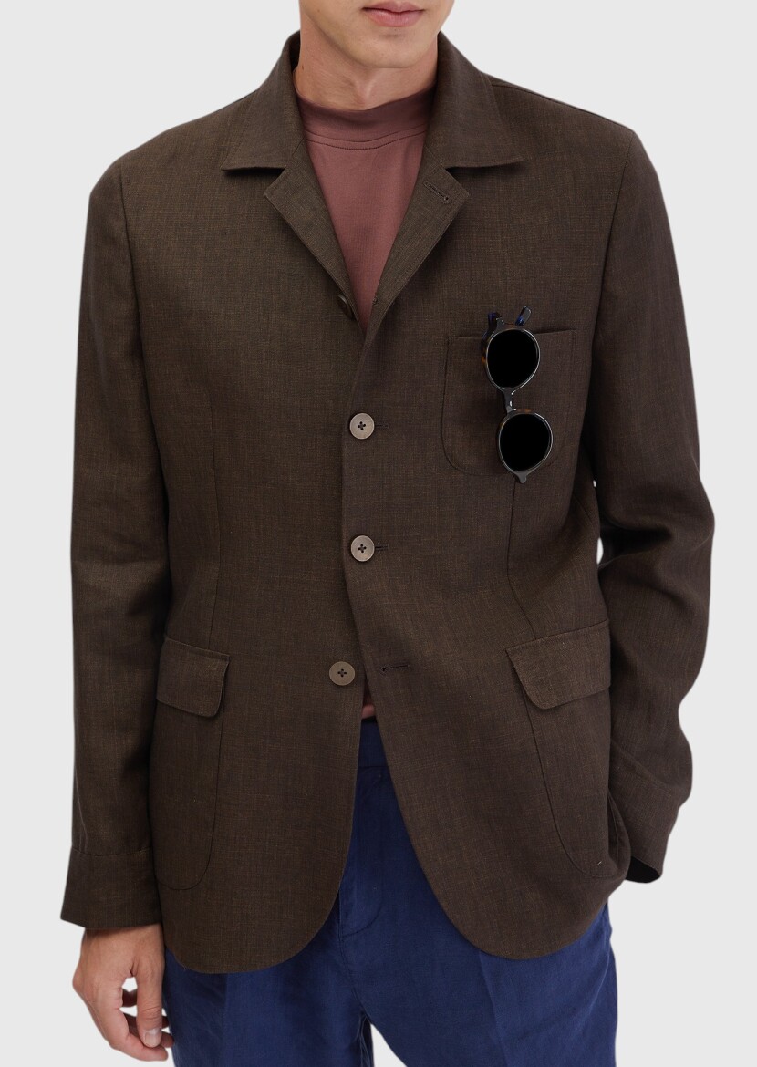 Kahverengi Düz Shirt Shoulder Slim Fit %100 Keten Ceket - 5