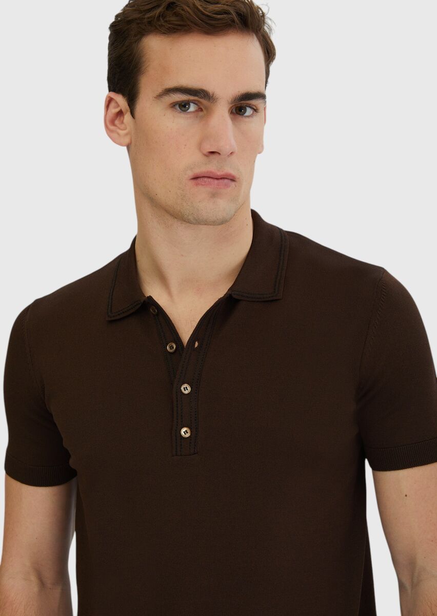 Kahverengi Polo Yaka Düz Örgü Triko - 3