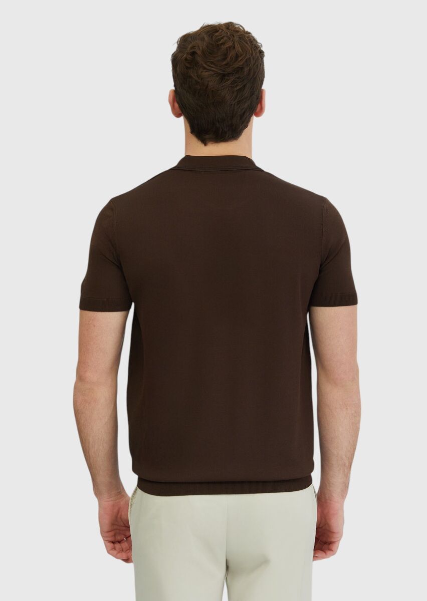 Kahverengi Polo Yaka Düz Örgü Triko - 5