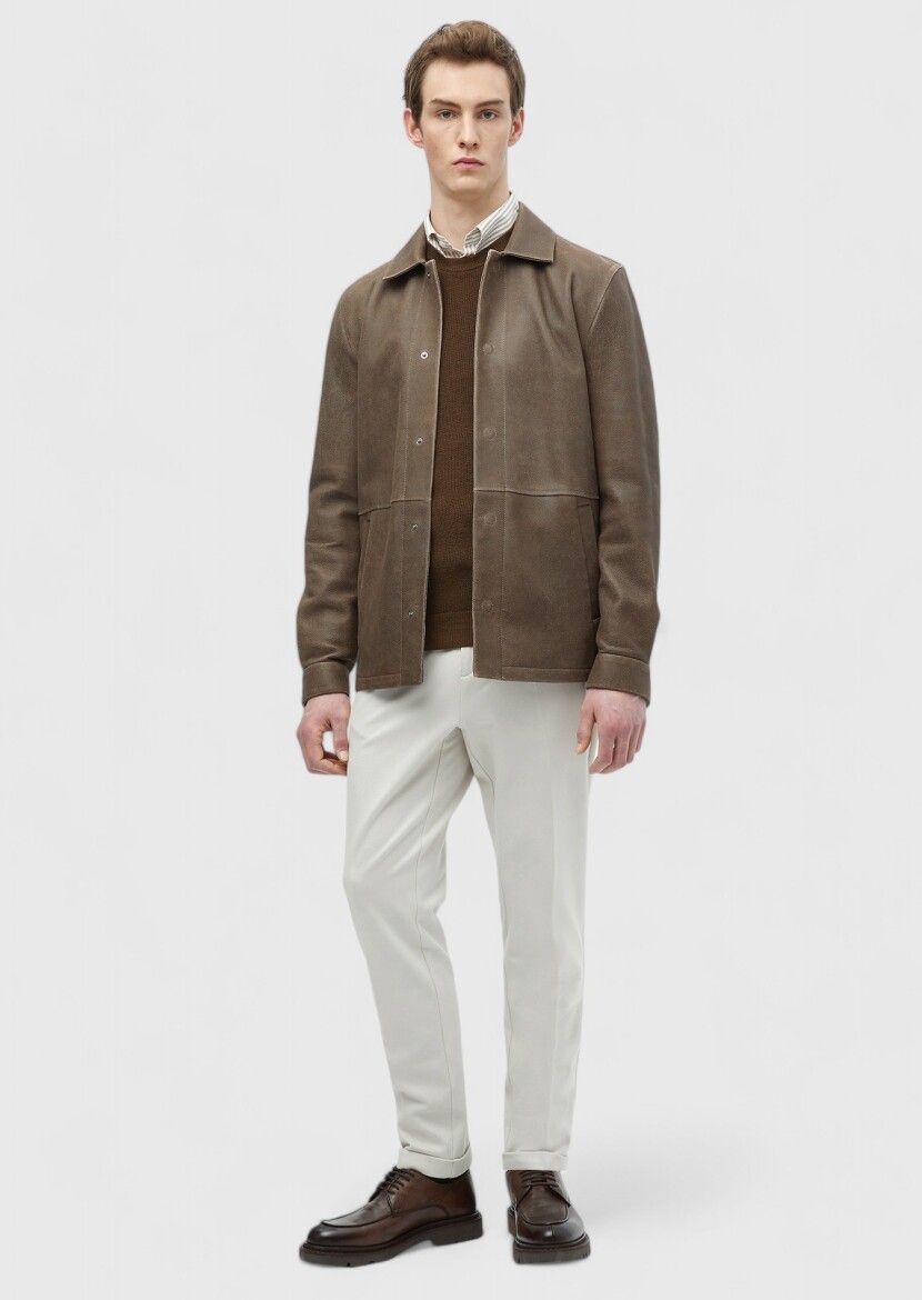 Kahverengi Regular Fit Gömlek Yaka Casual Deri Deri Mont - RAMSEY