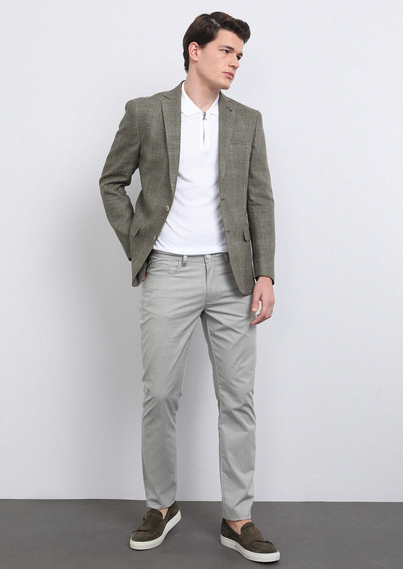 Khaki Checkered Shirt Shoulder Slim Fit Cotton Blended Jacket - 1