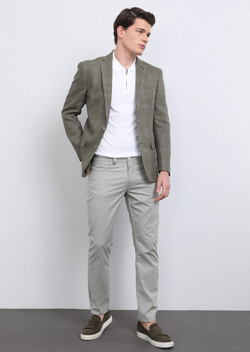 Khaki Checkered Shirt Shoulder Slim Fit Cotton Blended Jacket - 1