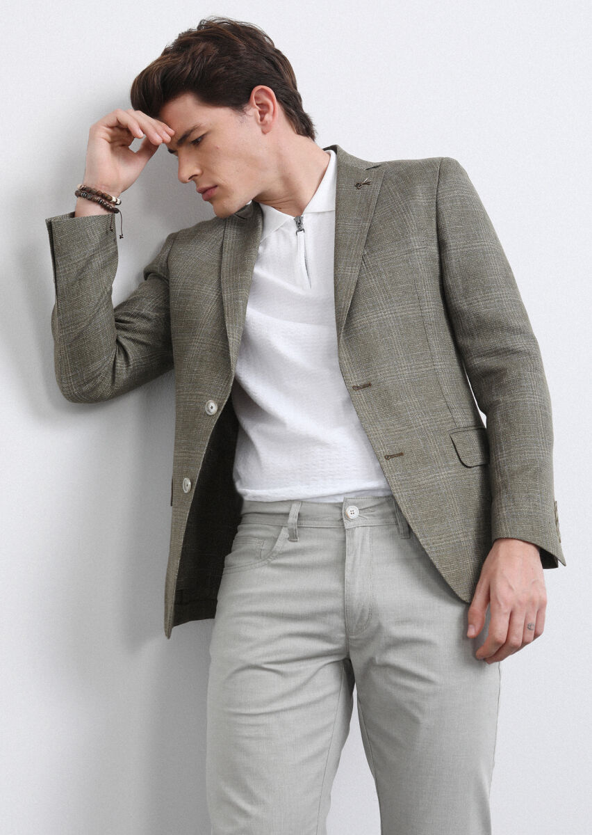 Khaki Checkered Shirt Shoulder Slim Fit Cotton Blended Jacket - 3