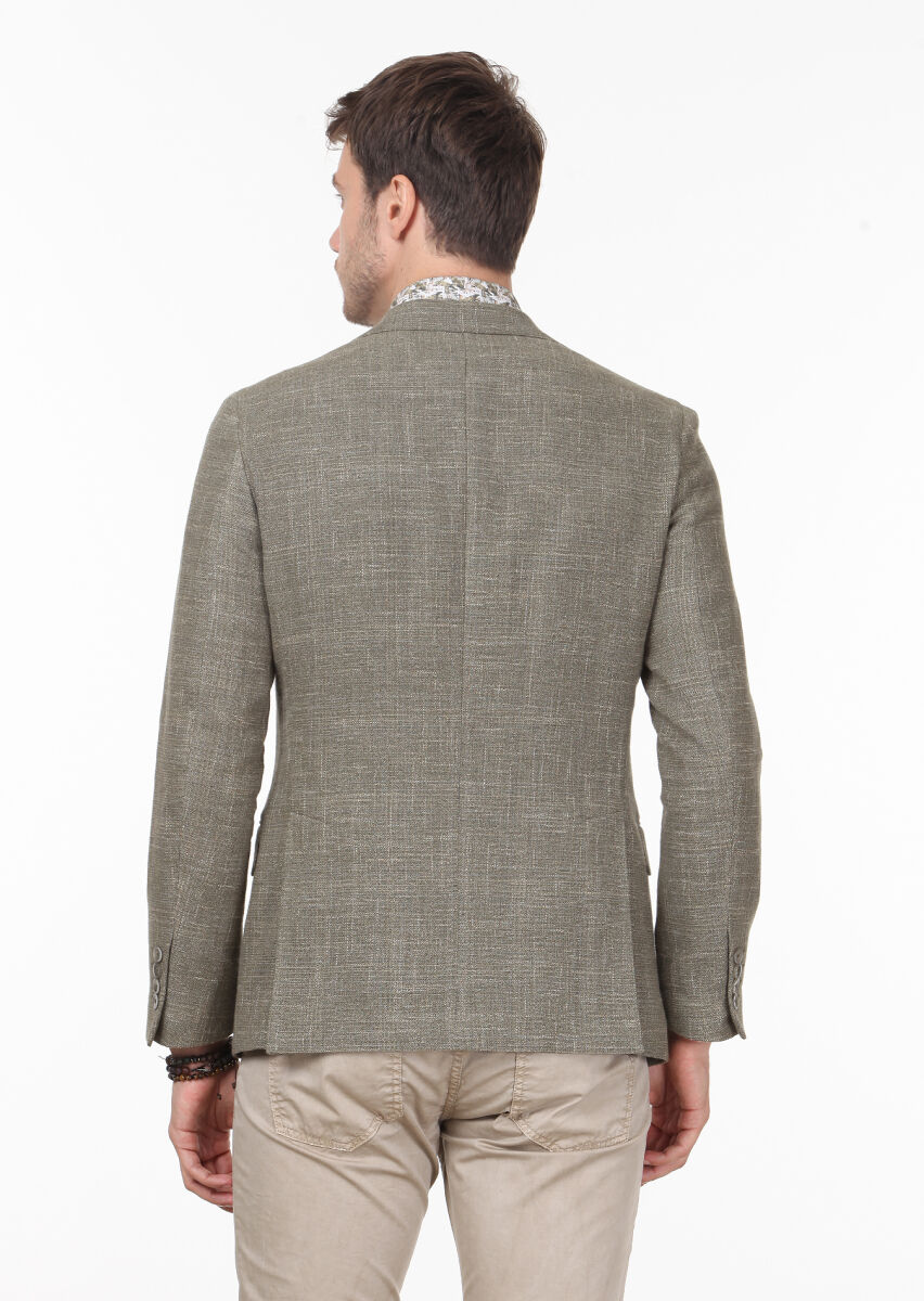 Khaki Checkered Shirt Shoulder Slim Fit Cotton Blended Jacket - 4